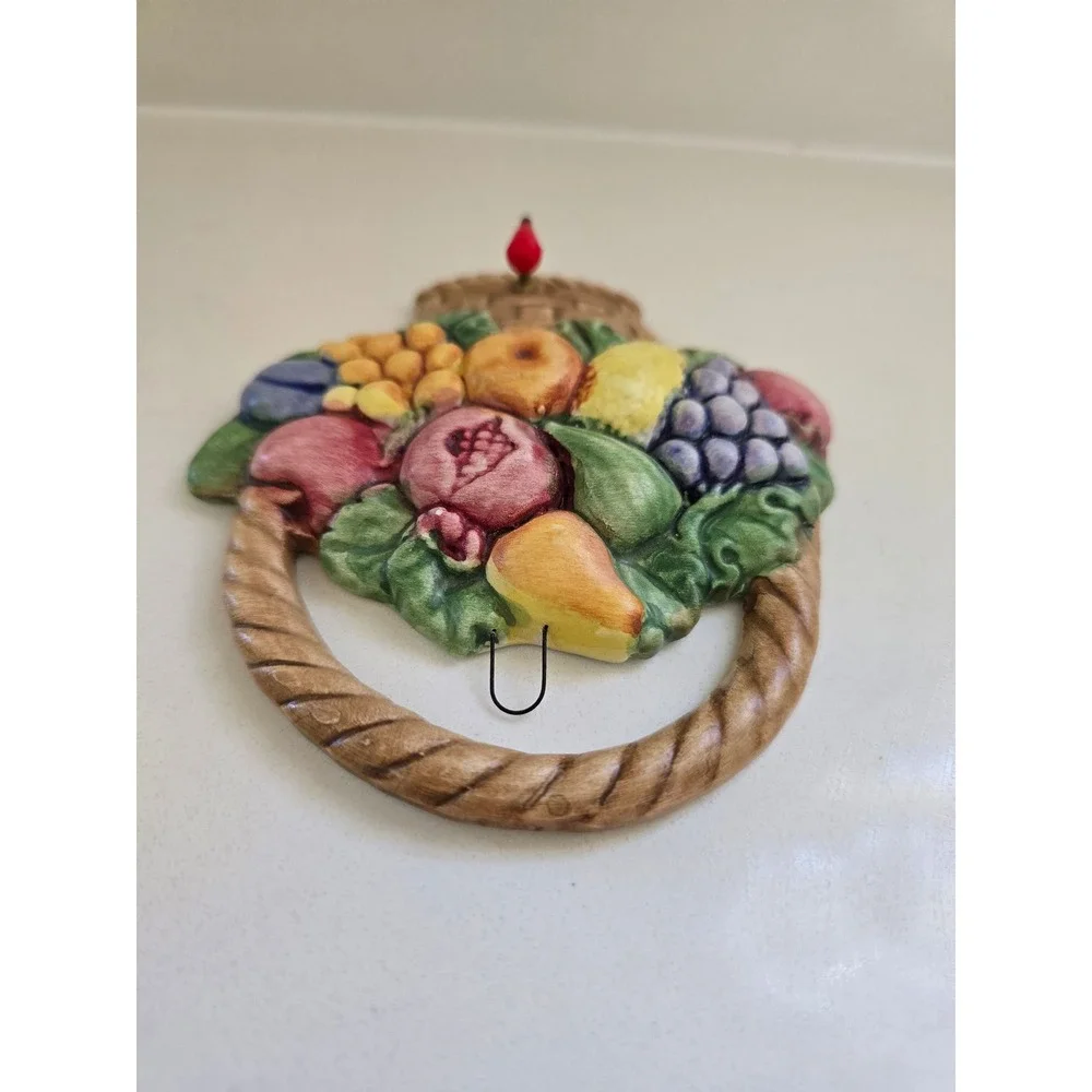 Vintage Bassano Italy Ceramic Fruit Basket Wall Plaque 3D Relief Hook Hanging